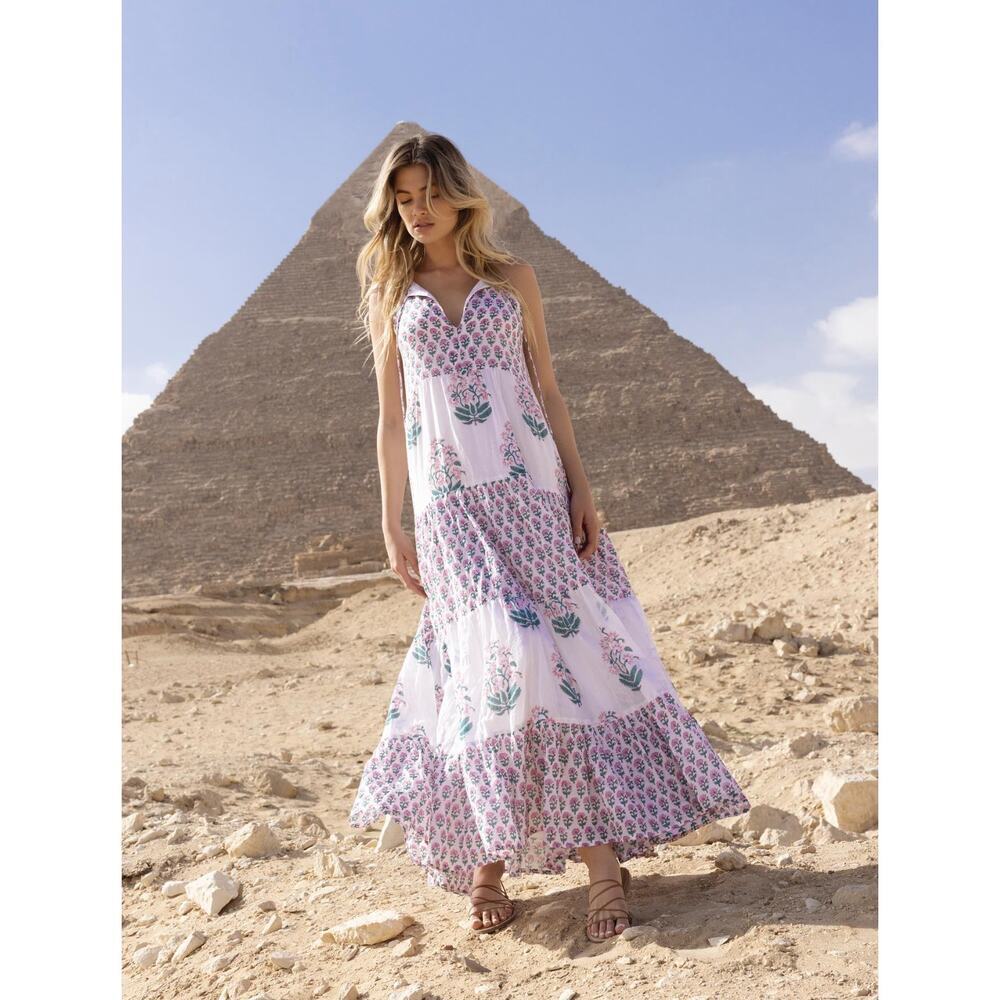 OLIPHANT Tuckernuck Sleeveless A Line Maxi Dress Pink Block Print Cotton M